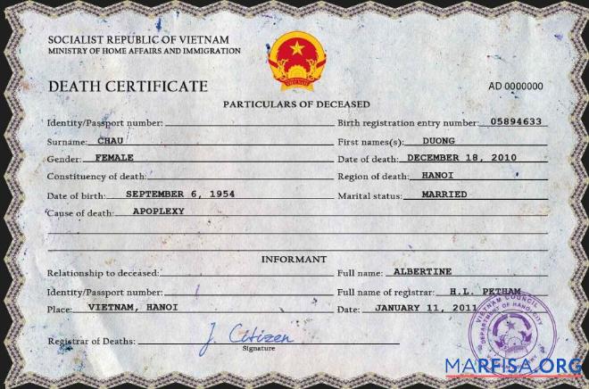 Printable Vietnam death certificate PSD template